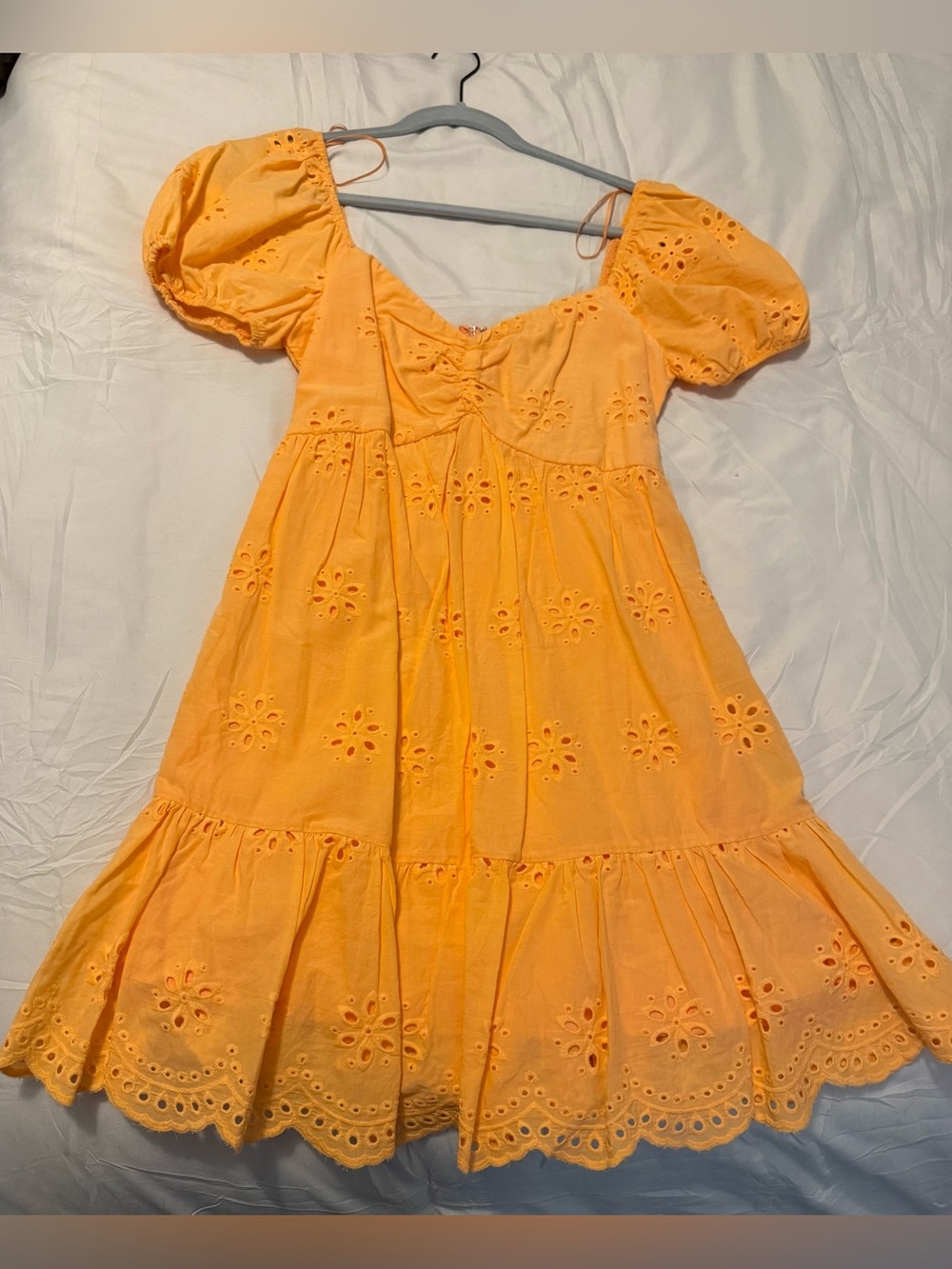 Francesca's Collections Yellow Eyelet Puff-Sleeve Tiered Dress